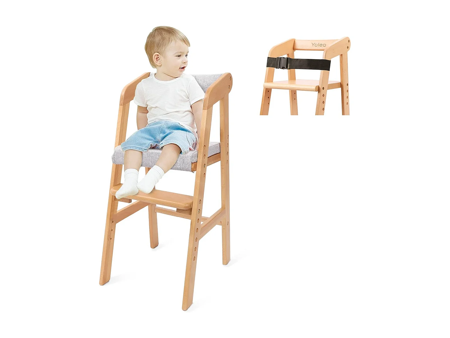 Chaise Haute YOLEO en Bois, Réglable en Hauteur pour Enfants de 2 à 12 Ans - Pour Repas et Apprentissage (Naturel avec Coussin)