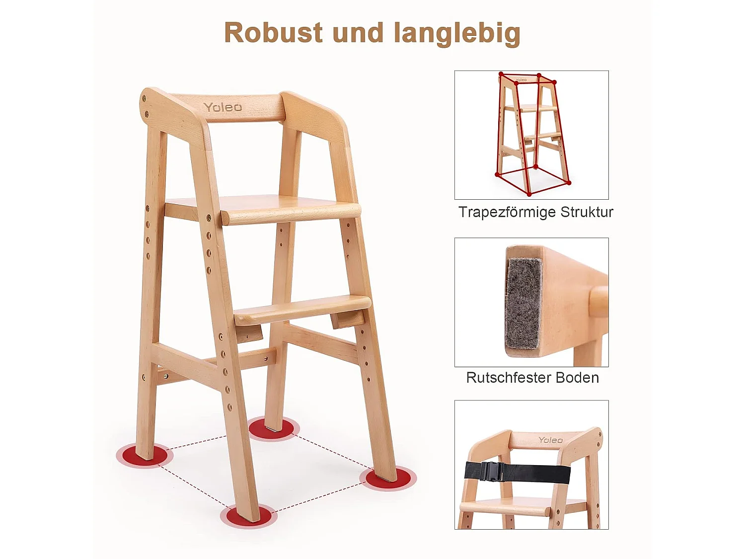 Chaise Haute YOLEO en Bois, Réglable en Hauteur pour Enfants de 2 à 12 Ans - Pour Repas et Apprentissage (Naturel avec Coussin)