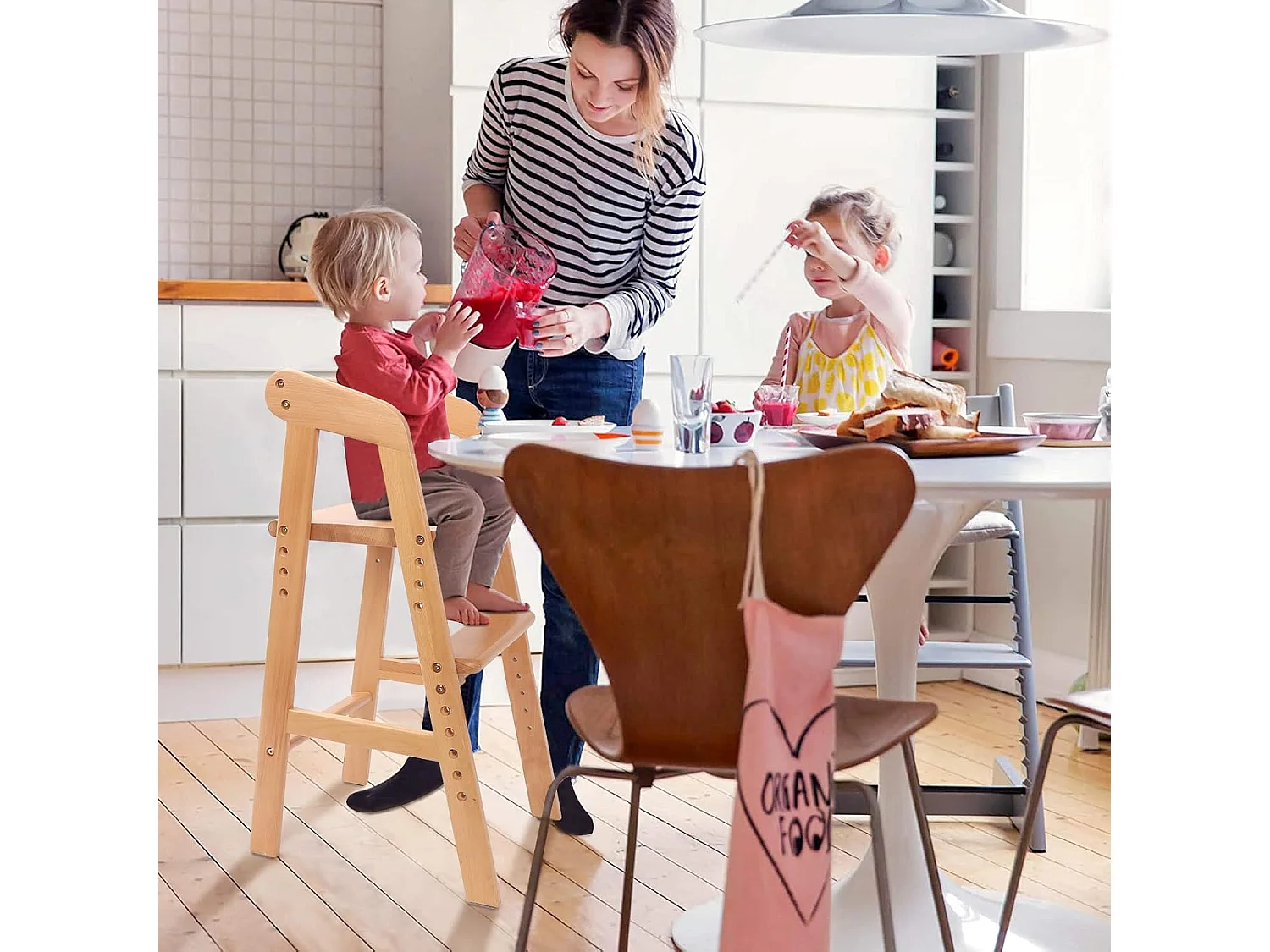 Chaise Haute YOLEO en Bois, Réglable en Hauteur pour Enfants de 2 à 12 Ans - Pour Repas et Apprentissage (Naturel avec Coussin)