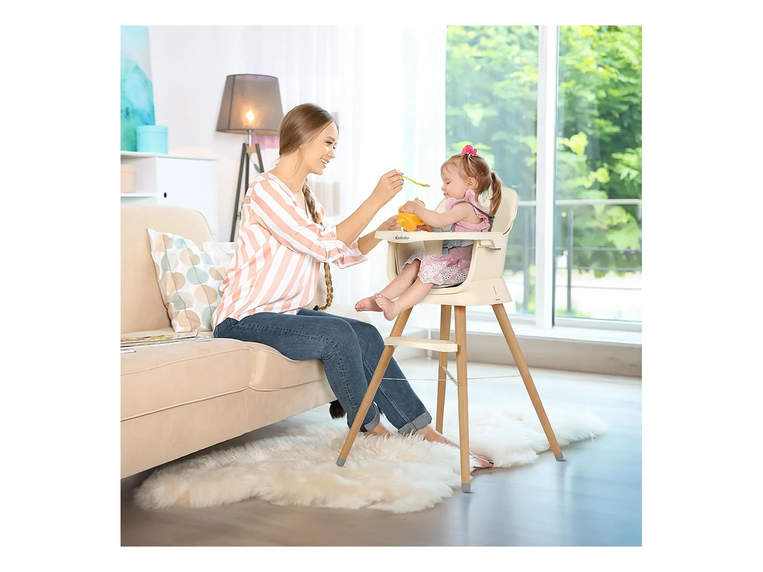 Seggiolone Evolutivo 6 in 1 Ezebaby, Gambe in Legno con Cintura a 5 Punti e Poggiapiedi, per Bambini dai 6 Mesi