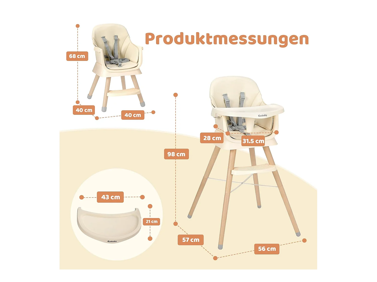 Seggiolone Evolutivo 6 in 1 Ezebaby, Gambe in Legno con Cintura a 5 Punti e Poggiapiedi, per Bambini dai 6 Mesi