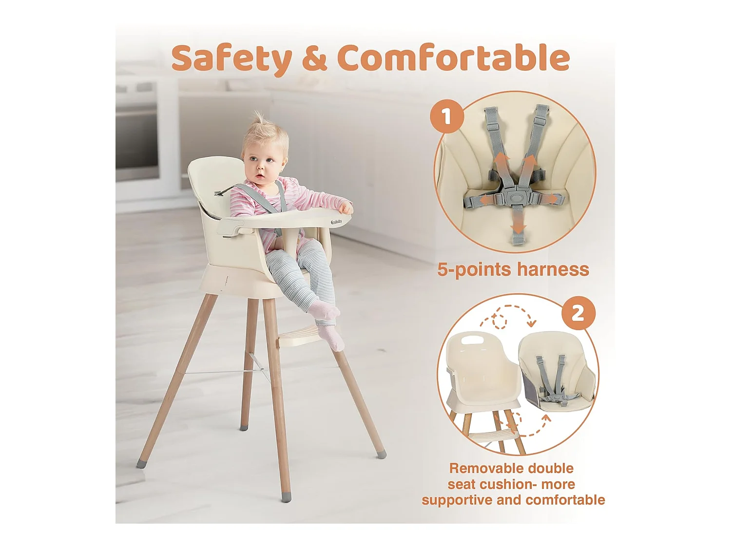 Seggiolone Evolutivo 6 in 1 Ezebaby, Gambe in Legno con Cintura a 5 Punti e Poggiapiedi, per Bambini dai 6 Mesi