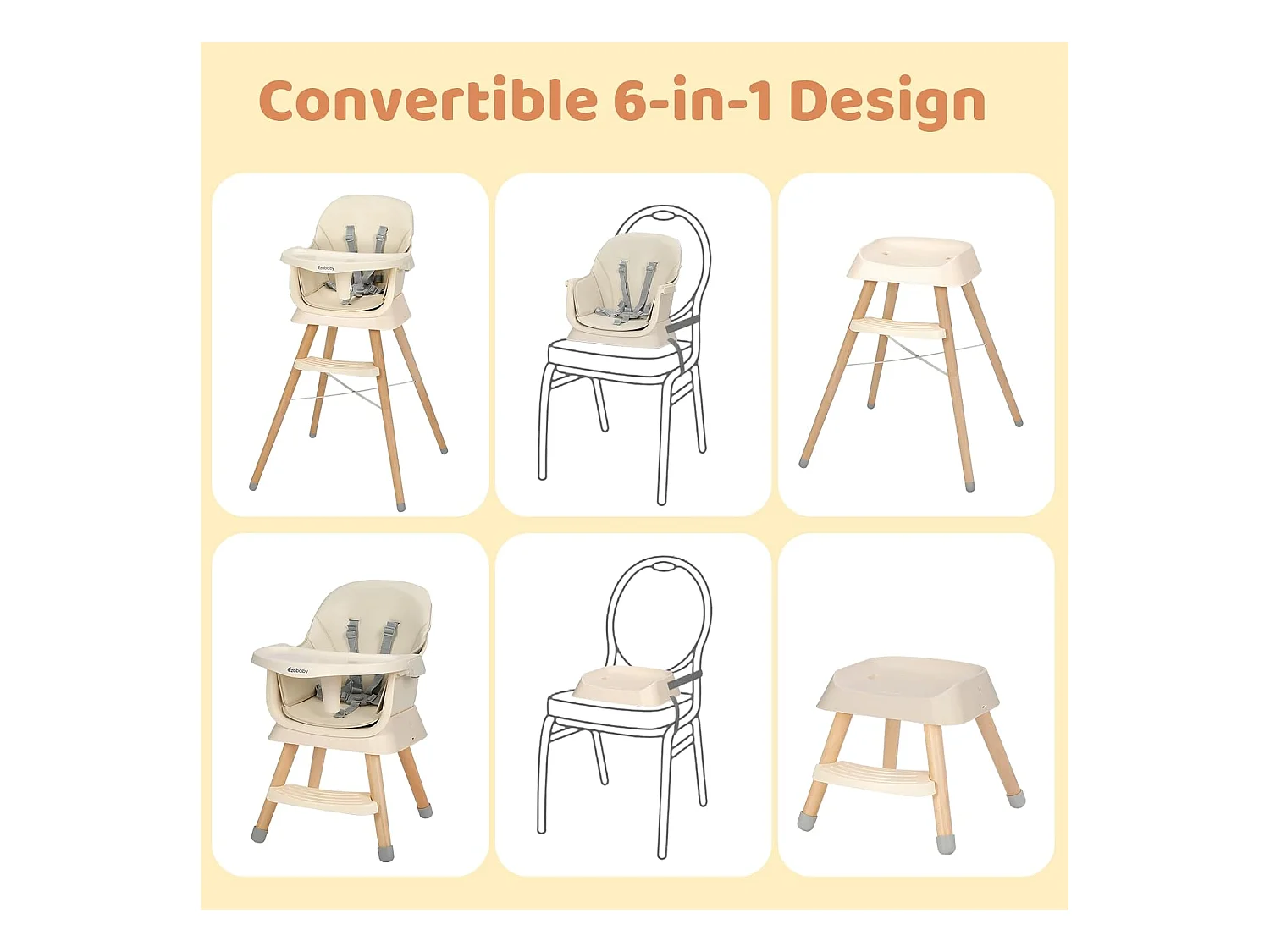 Seggiolone Evolutivo 6 in 1 Ezebaby, Gambe in Legno con Cintura a 5 Punti e Poggiapiedi, per Bambini dai 6 Mesi