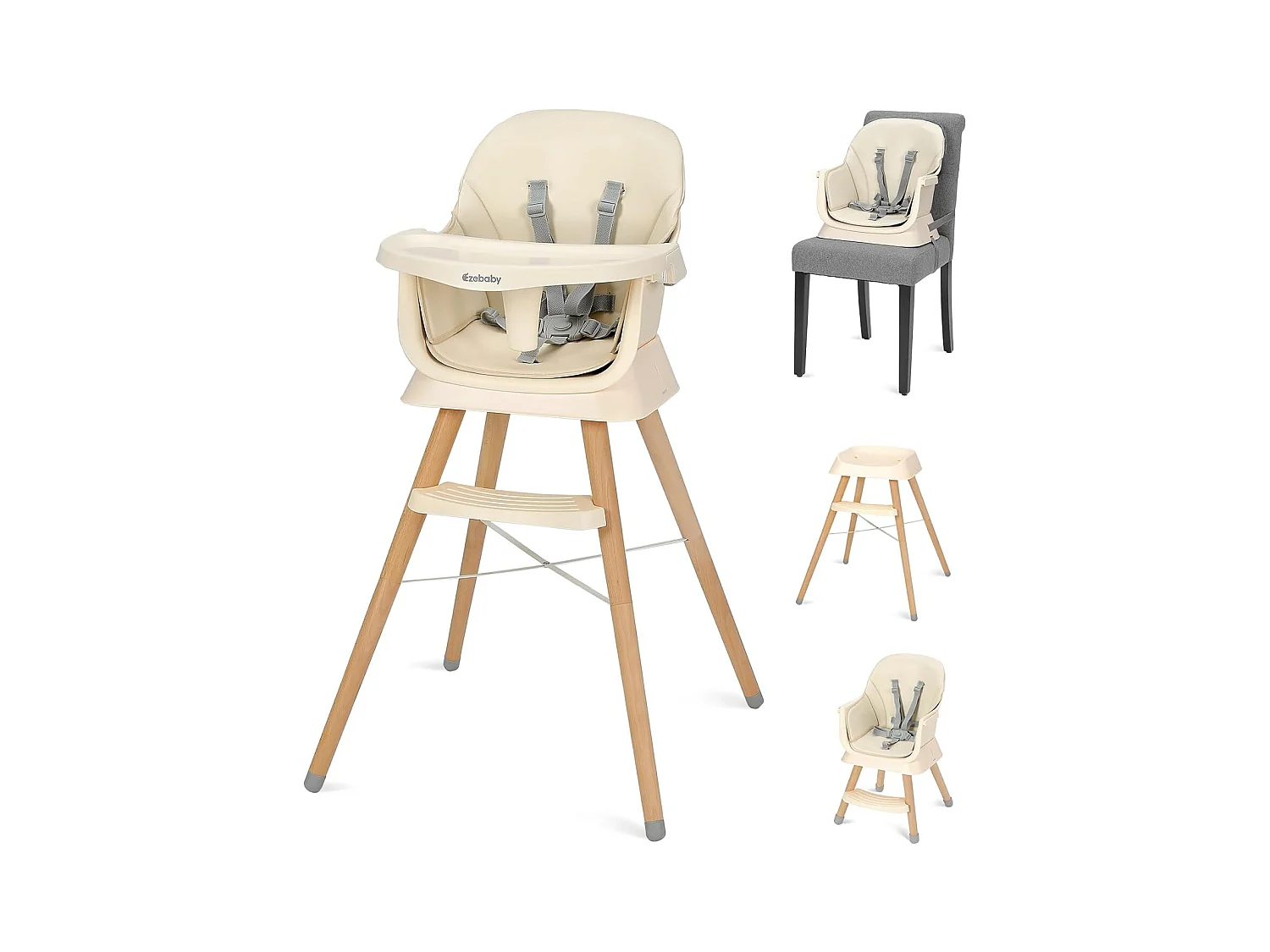 Chaise Haute Évolutive 6-en-1 Ezebaby, Pieds en Bois avec Harnais 5 Points et Repose-Pieds, pour Enfants dès 6 Mois