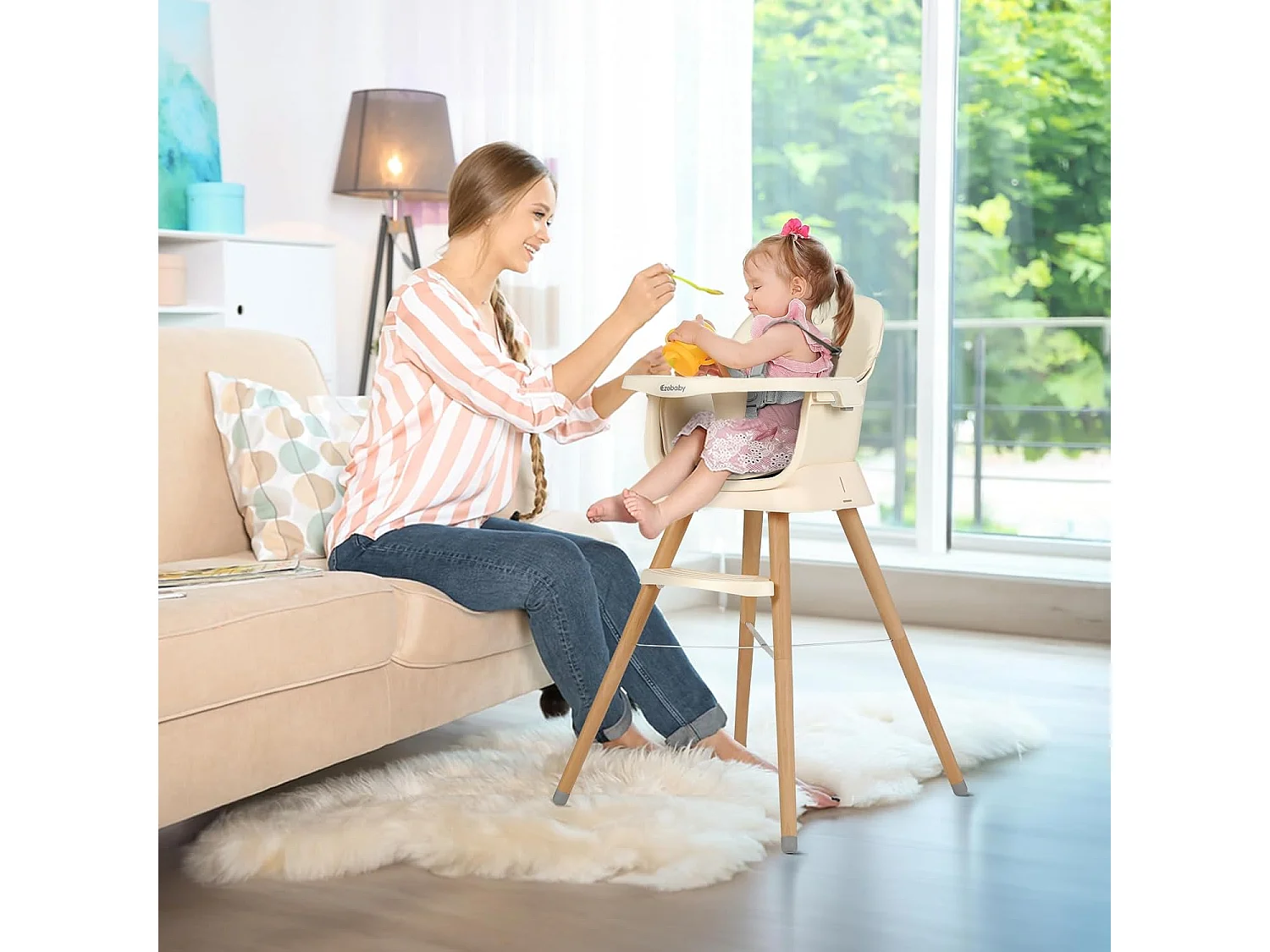 Ezebaby 6-in-1 Kinderstoel, Met Houten Poten, 5-punts Gordel en Voetensteun, voor Kinderen vanaf 6 Maanden