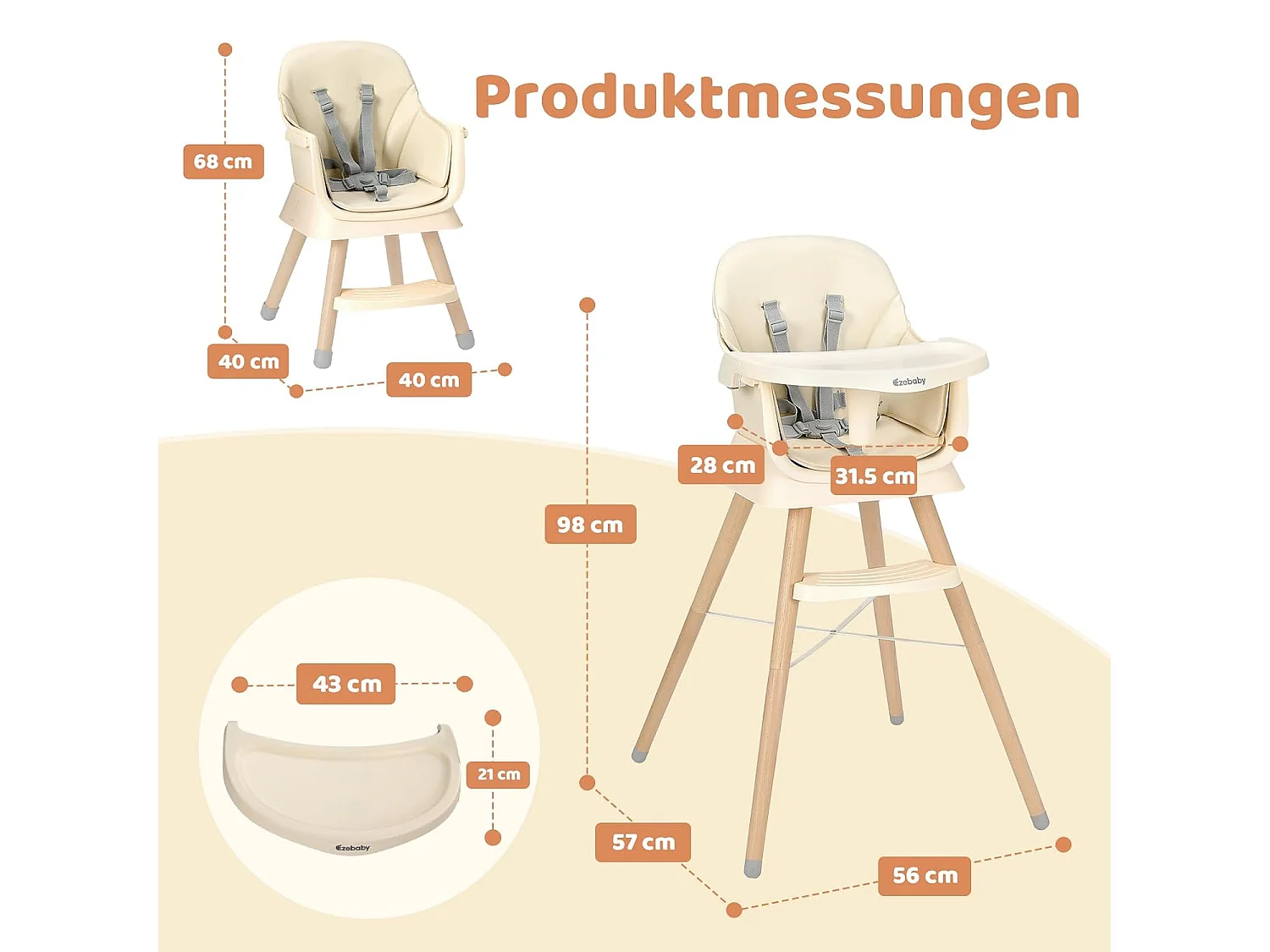 Ezebaby 6-in-1 Kinderstoel, Met Houten Poten, 5-punts Gordel en Voetensteun, voor Kinderen vanaf 6 Maanden