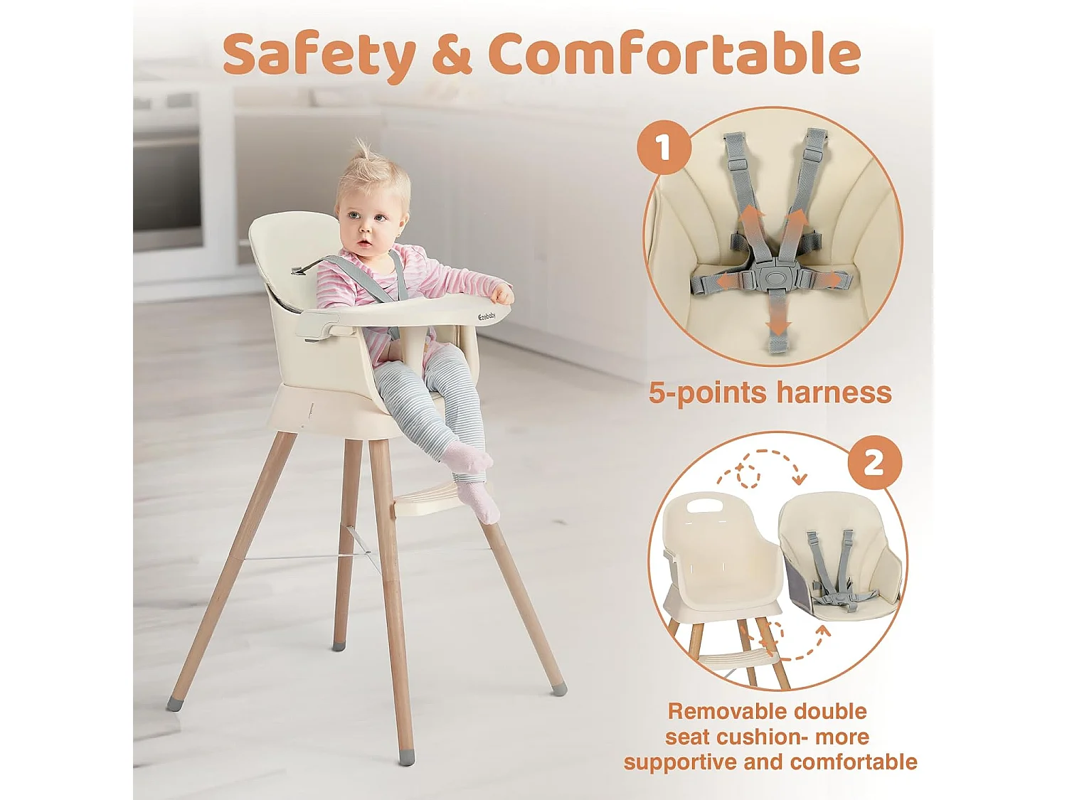 Ezebaby 6-in-1 Kinderstoel, Met Houten Poten, 5-punts Gordel en Voetensteun, voor Kinderen vanaf 6 Maanden