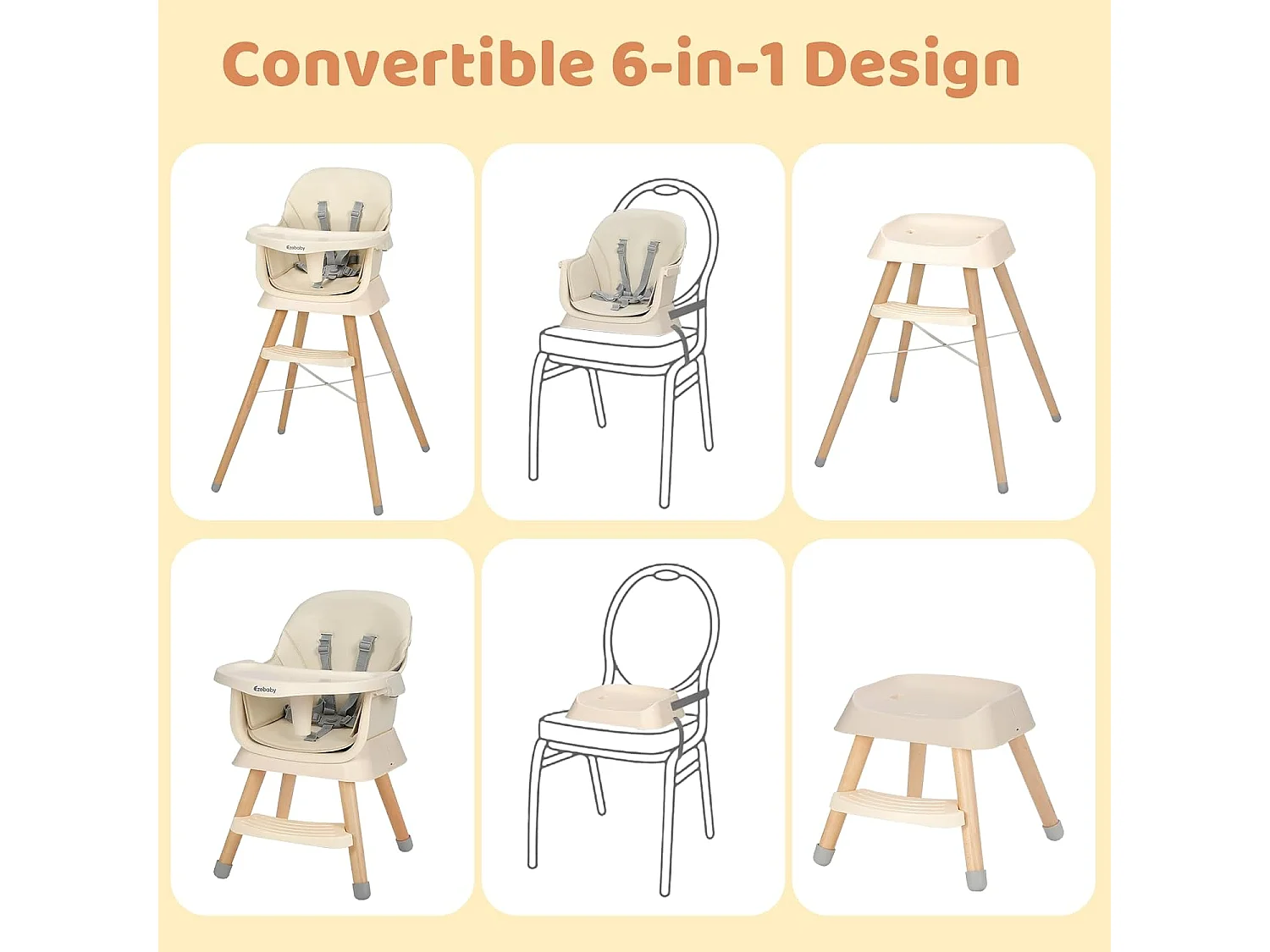 Ezebaby 6-in-1 Kinderstoel, Met Houten Poten, 5-punts Gordel en Voetensteun, voor Kinderen vanaf 6 Maanden