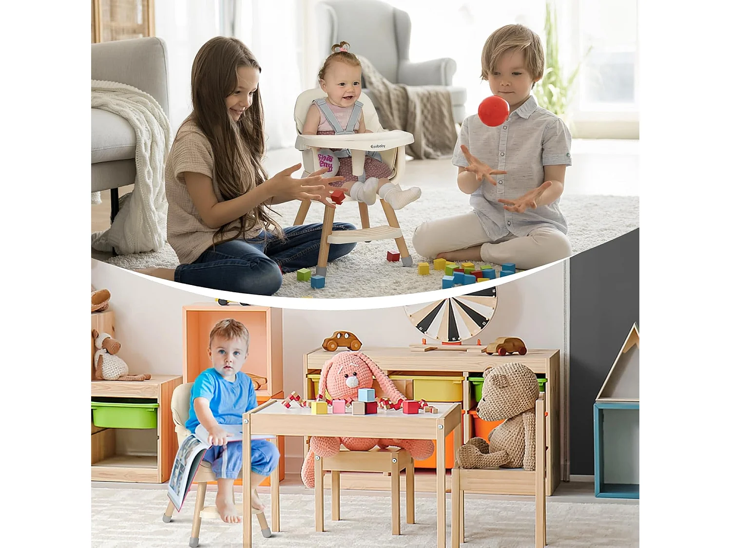 Ezebaby 6-in-1 Kinderstoel, Met Houten Poten, 5-punts Gordel en Voetensteun, voor Kinderen vanaf 6 Maanden