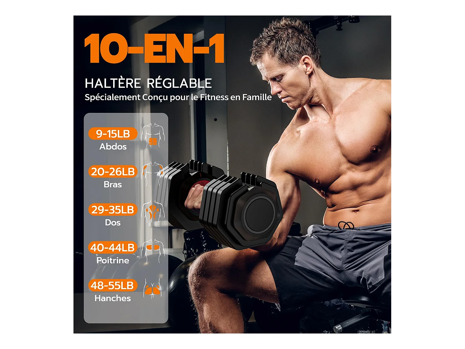 Haltères réglables 2-24,5kg, 5/10 en 1 avec base de rangement, idéals musculation, haltérophilie, entraînement maison et salle de sport