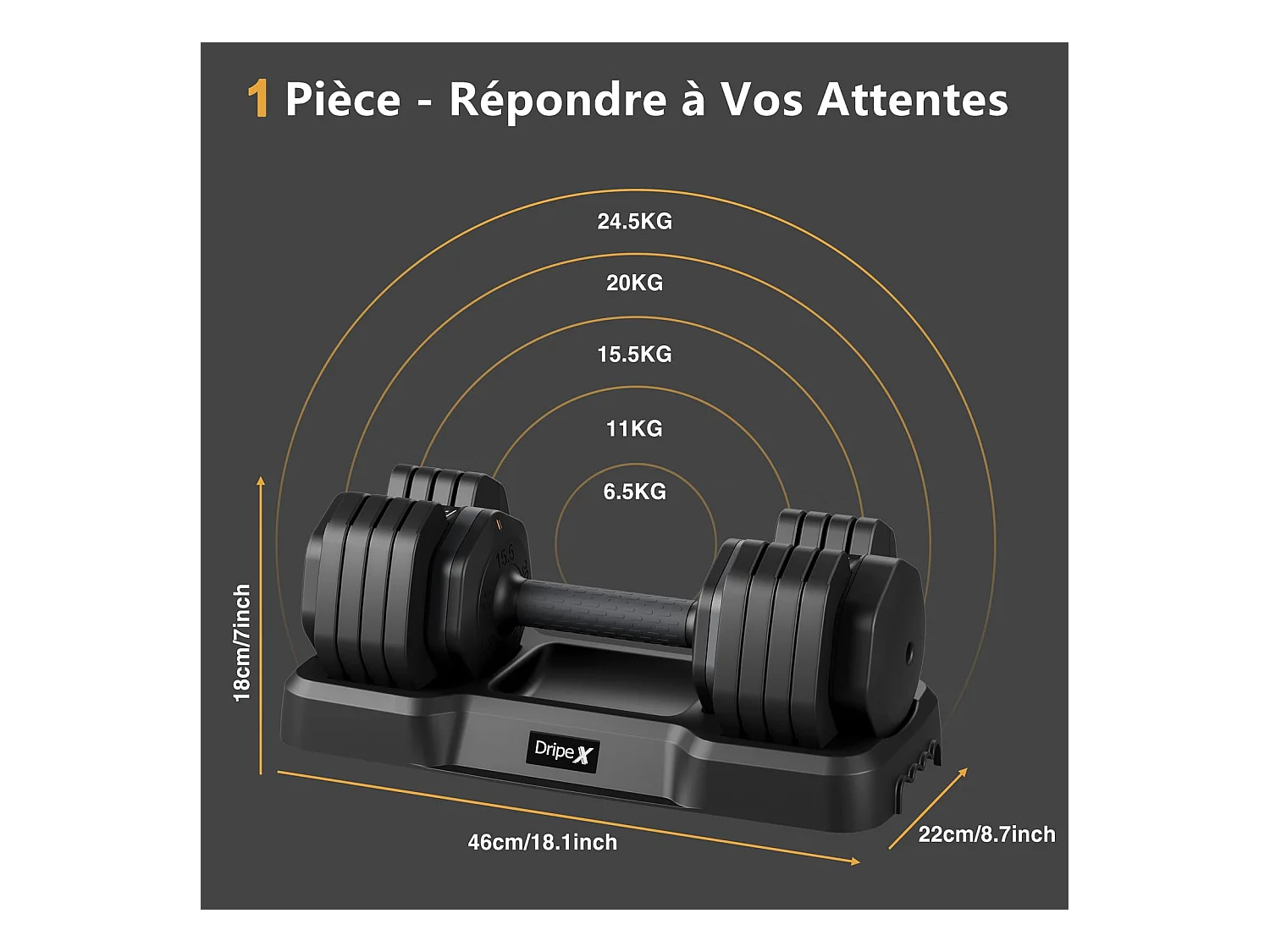 Haltères réglables 2-24,5 kg, 5/10 en 1, avec base de rangement, pour musculation, home gym et salle de sport, pratique et compact