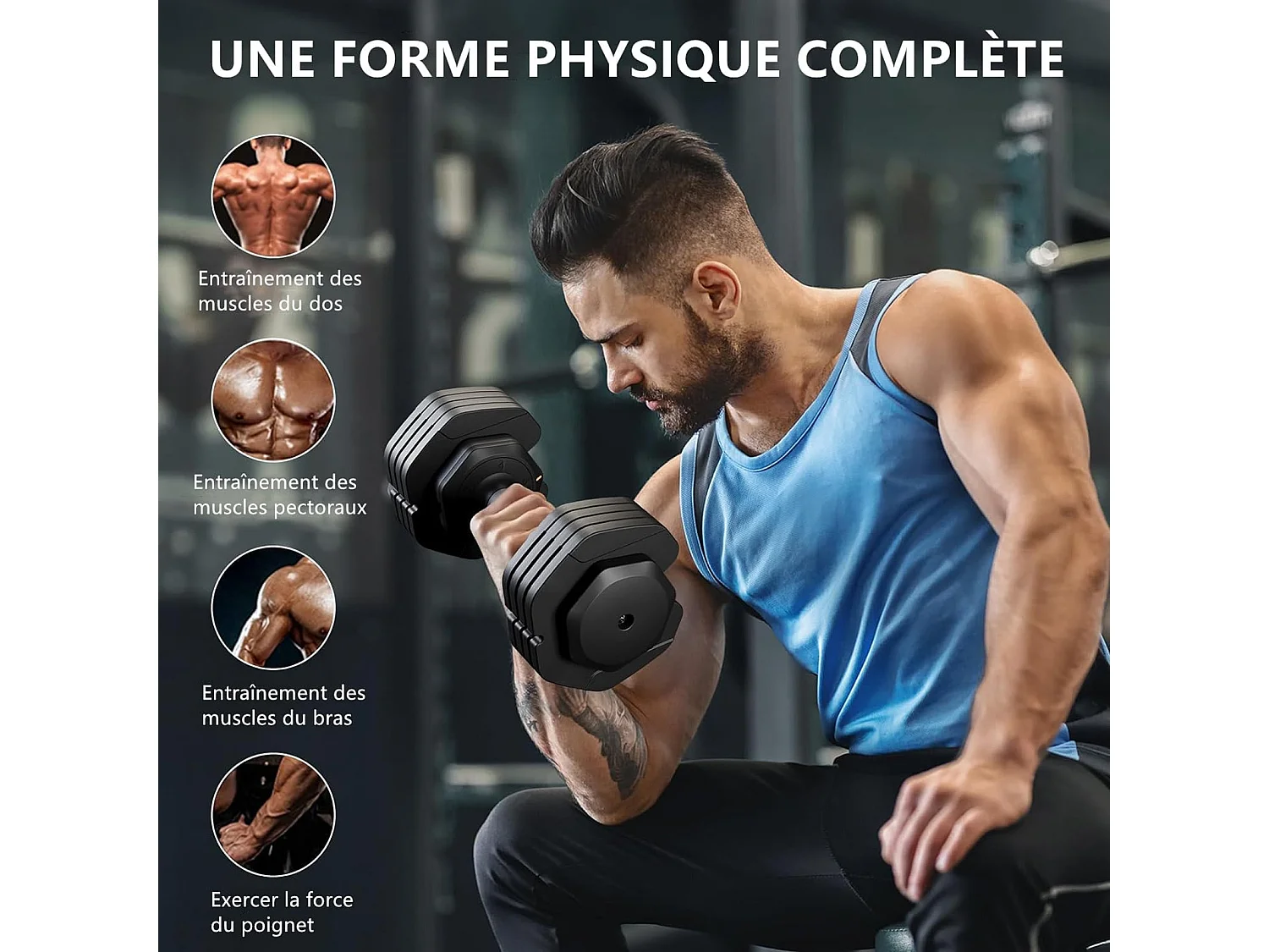 Haltères réglables 2-24,5 kg, 5/10 en 1, avec base de rangement, pour musculation, home gym et salle de sport, pratique et compact