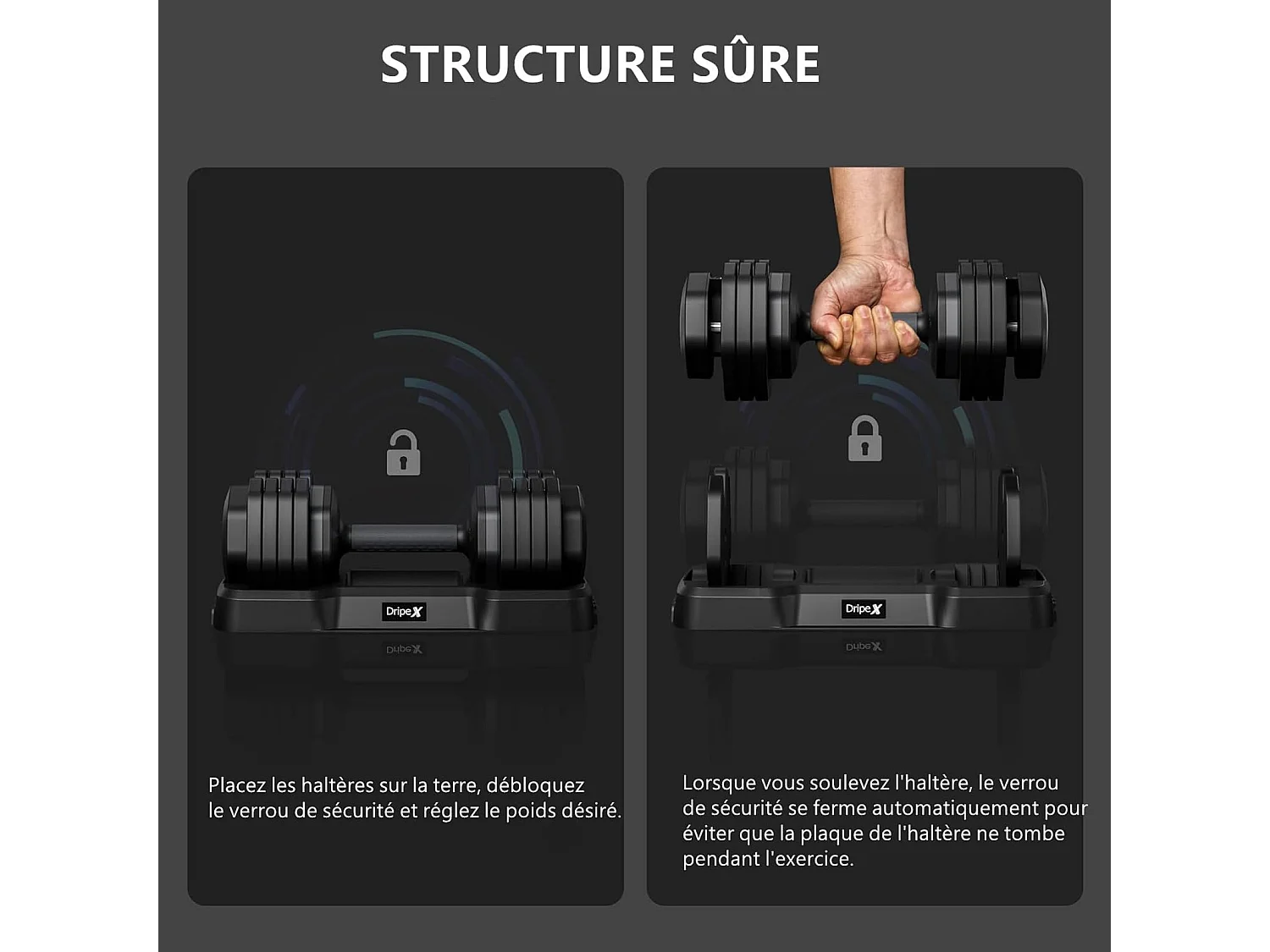 Haltères réglables 2-24,5 kg, 5/10 en 1, avec base de rangement, pour musculation, home gym et salle de sport, pratique et compact