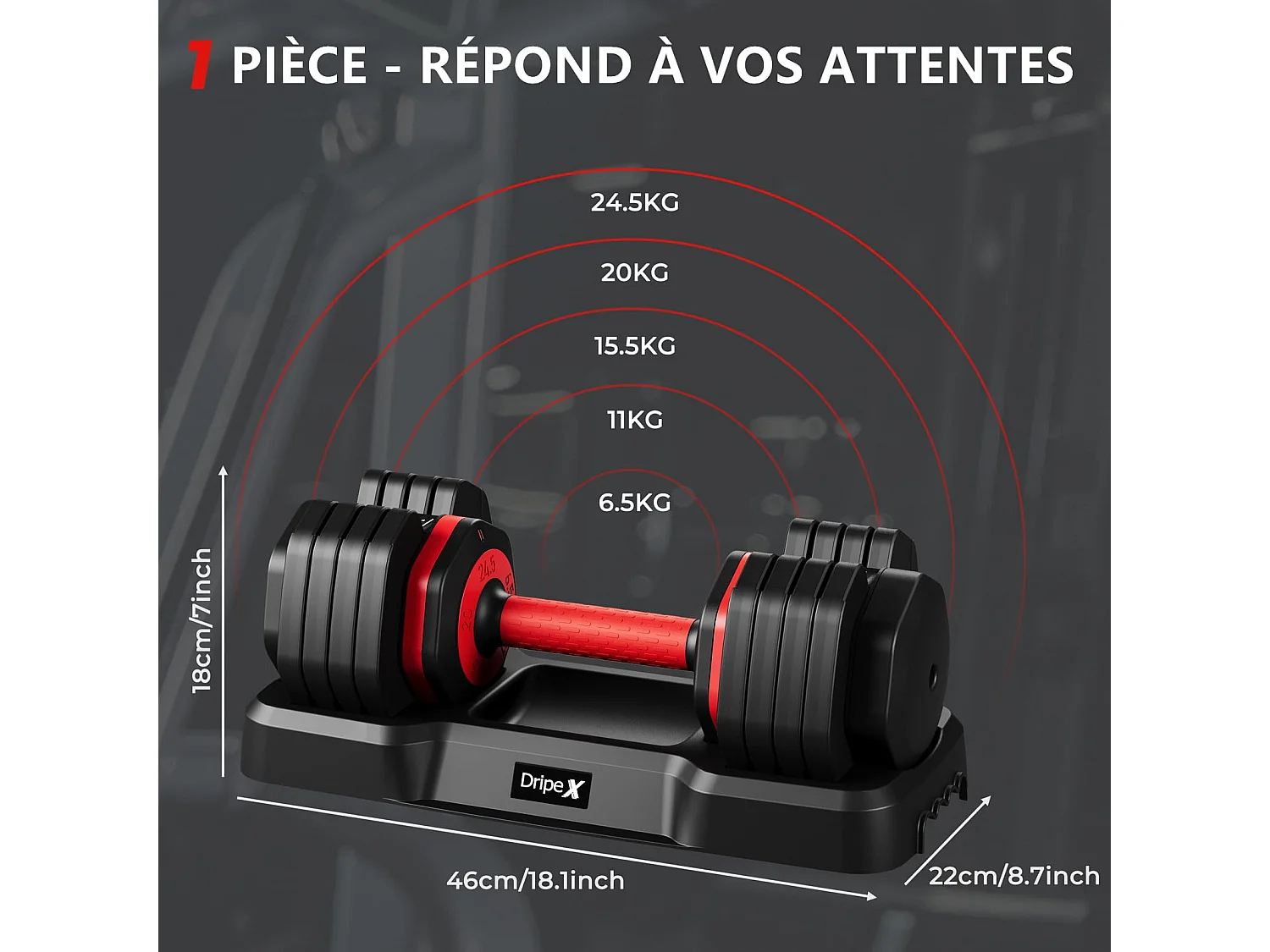 Haltères réglables 2-24,5kg, 5/10 en 1 avec base, pour musculation, home gym et salle de sport