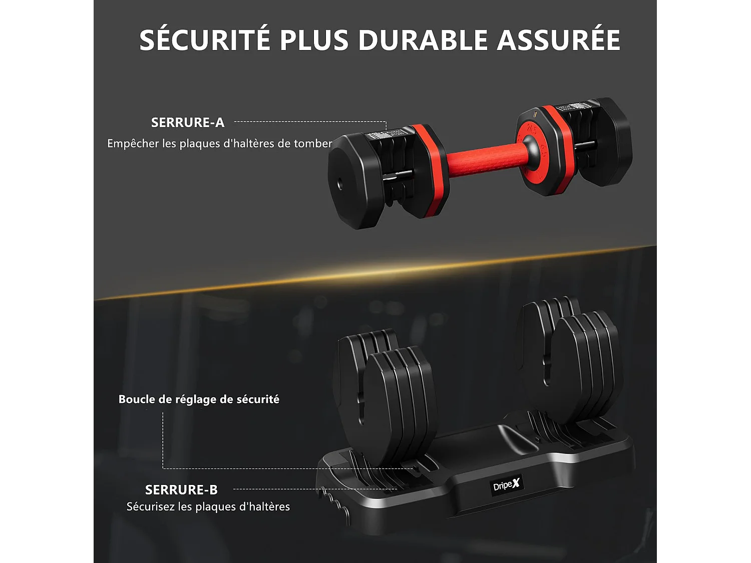 Haltères réglables 2-24,5kg, 5/10 en 1 avec base, pour musculation, home gym et salle de sport