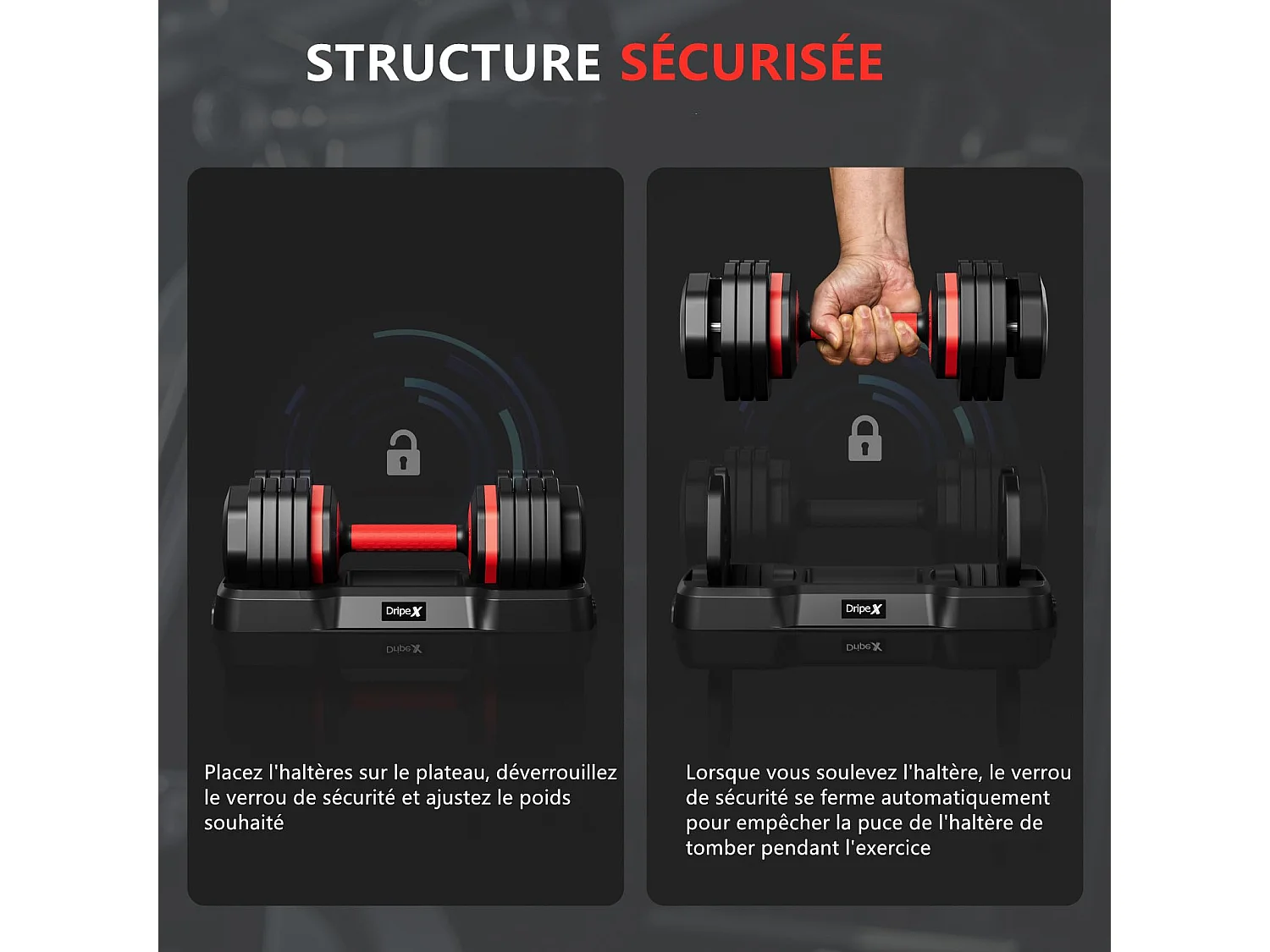 Haltères réglables 2-24,5kg, 5/10 en 1 avec base, pour musculation, home gym et salle de sport