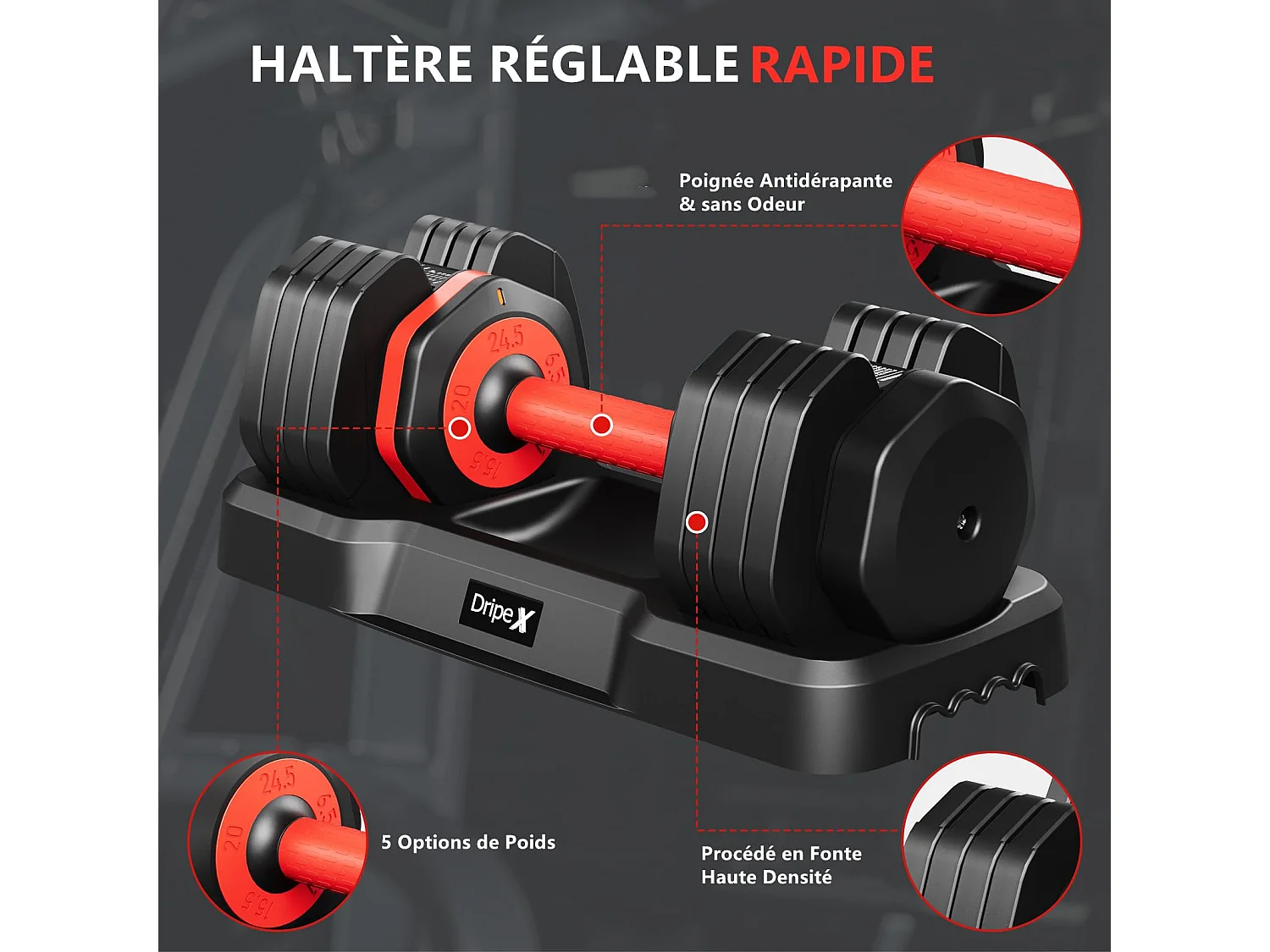 Haltères réglables 2-24,5kg, 5/10 en 1 avec base, pour musculation, home gym et salle de sport