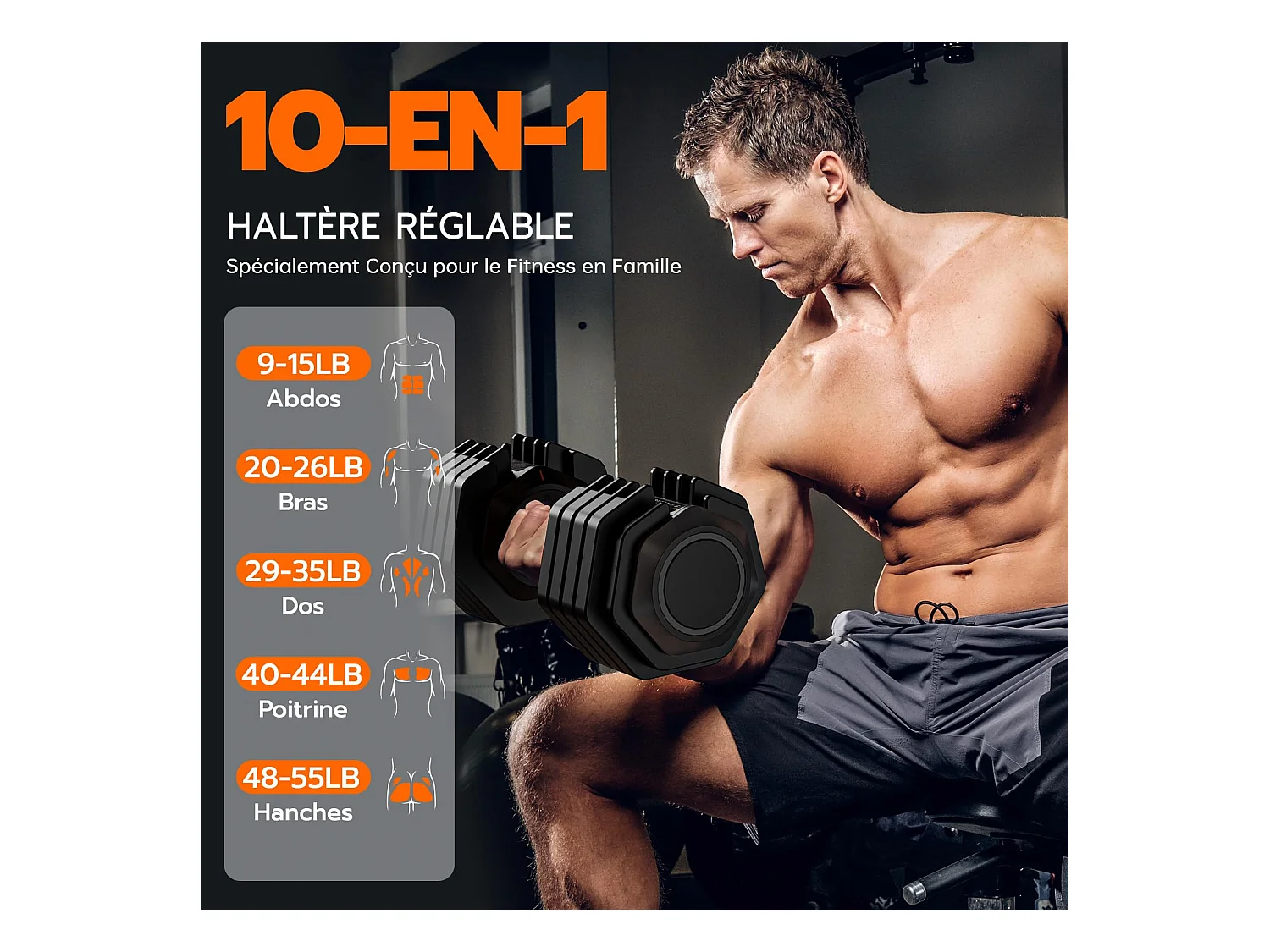 Haltères réglables 2-24,5 kg, 5/10 en 1 avec base de rangement, pour musculation, haltérophilie, entraînement maison et salle de sport