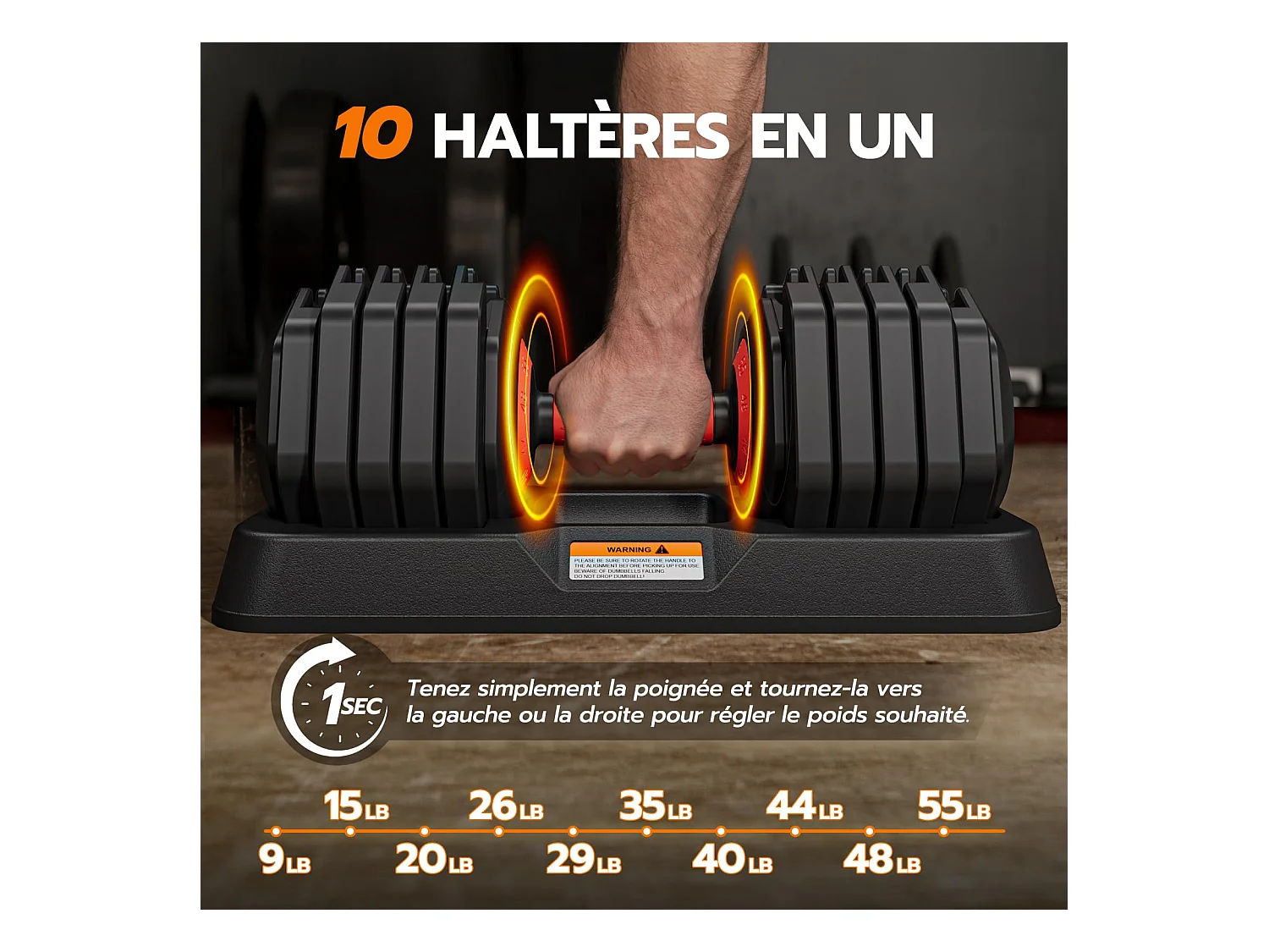 Haltères réglables 2-24,5 kg, 5/10 en 1 avec base de rangement, pour musculation, haltérophilie, entraînement maison et salle de sport