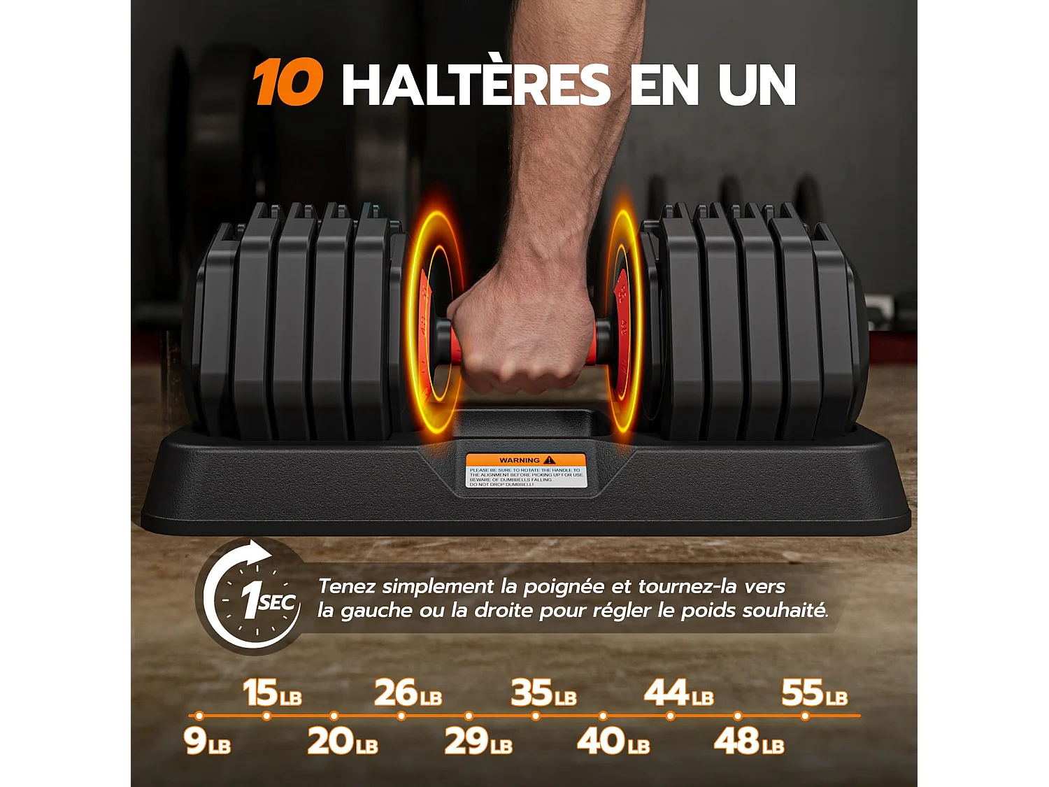 Haltères réglables 2-24,5 kg, 5/10 en 1 avec base de rangement, pour musculation, haltérophilie, entraînement maison et salle de sport