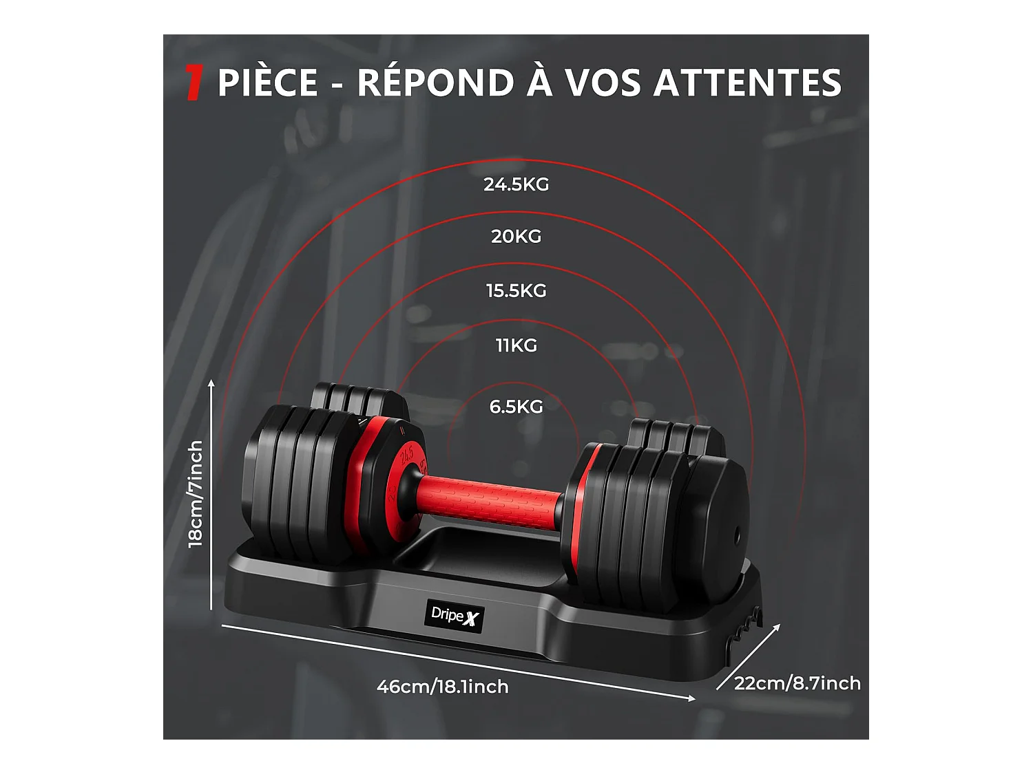 Haltères réglables 2-24,5kg, 5/10 en 1 avec base de rangement, idéal musculation, haltérophilie, entraînement maison et salle de sport