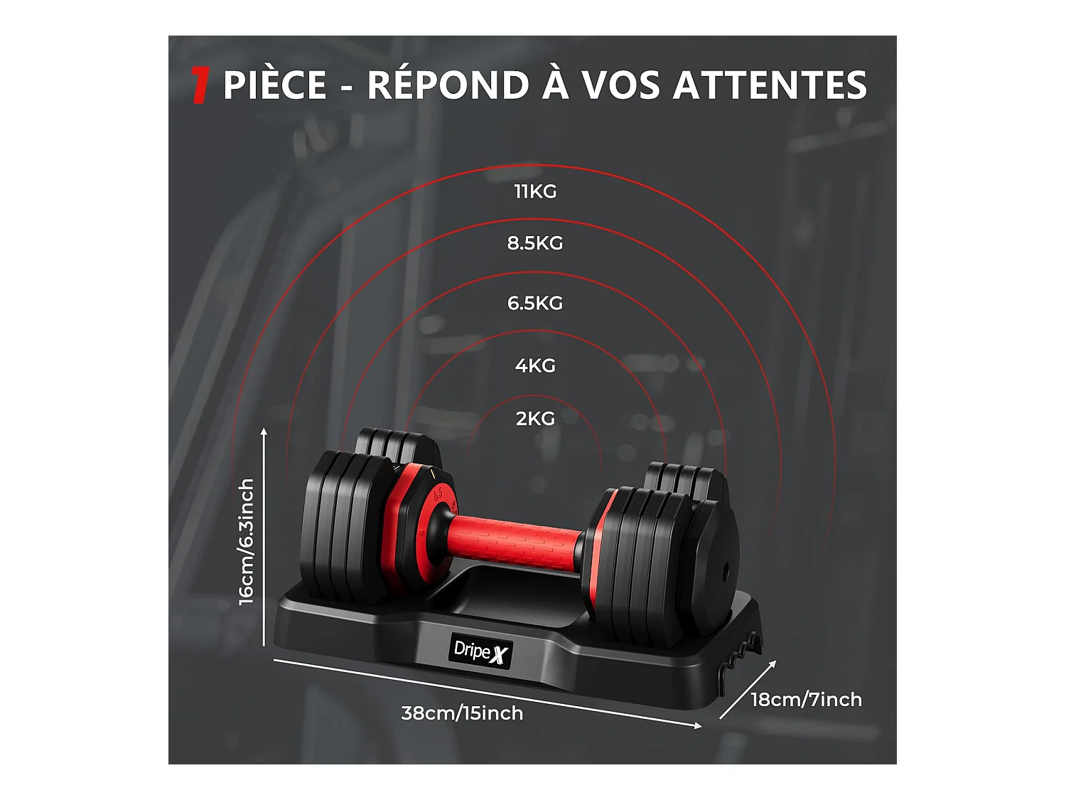 Haltères réglables 2-24,5 kg, 5/10 en 1 avec base de rangement, compact, pratique pour musculation, home gym et salle de sport