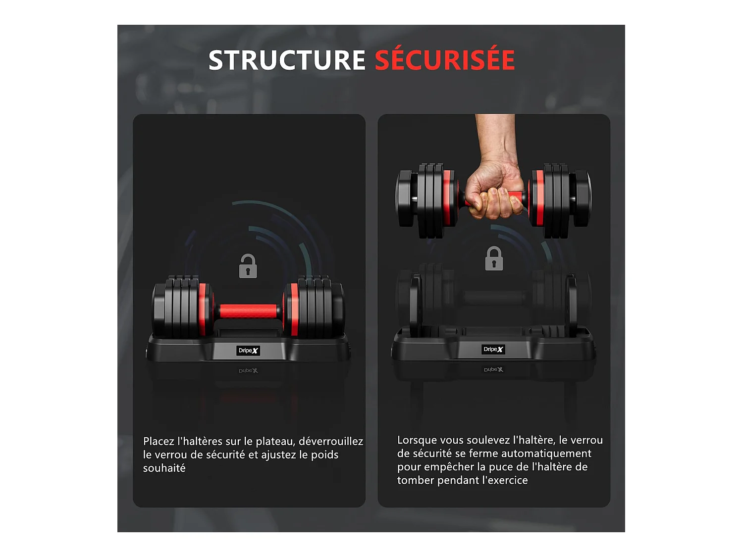 Haltères réglables 2-24,5 kg, 5/10 en 1 avec base de rangement, compact, pratique pour musculation, home gym et salle de sport