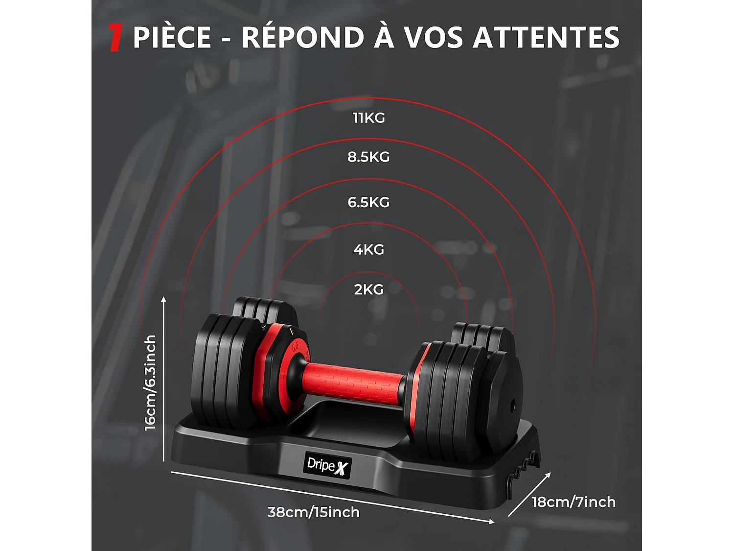 Haltères réglables 2-24,5 kg, 5/10 en 1 avec base de rangement, compact, pratique pour musculation, home gym et salle de sport