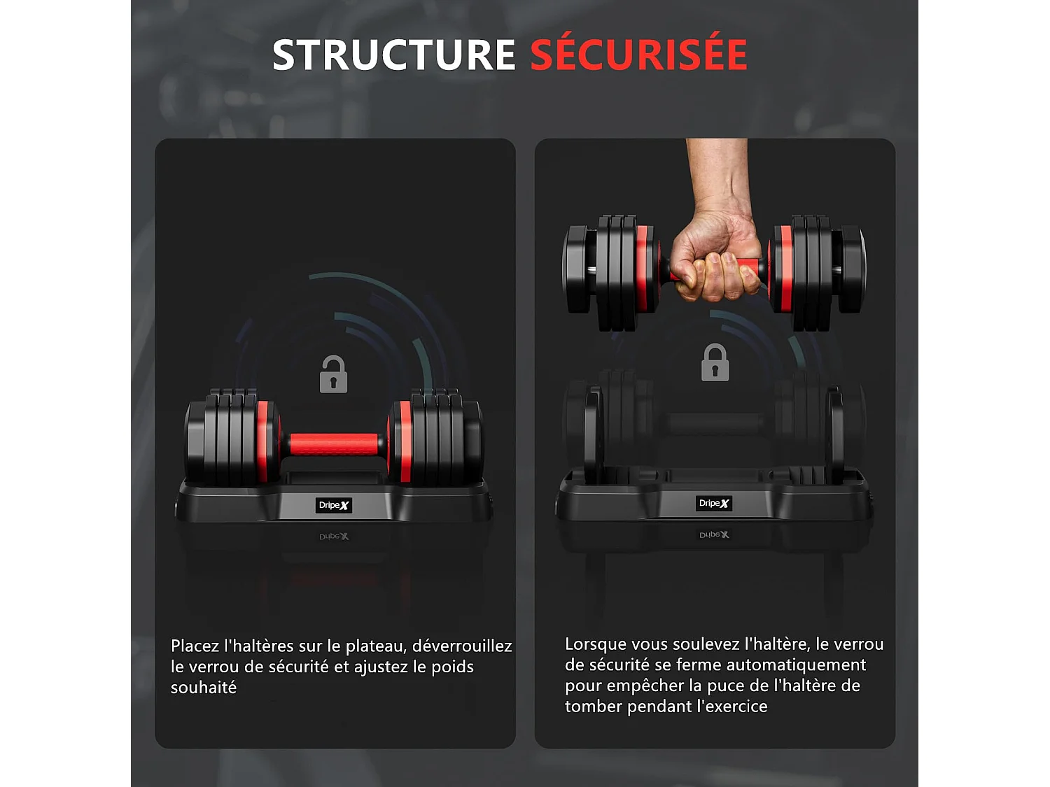 Haltères réglables 2-24,5 kg, 5/10 en 1 avec base de rangement, compact, pratique pour musculation, home gym et salle de sport