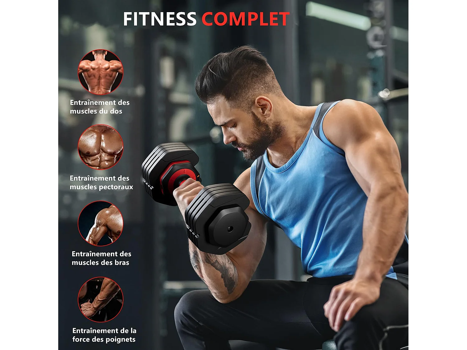 Haltères réglables 2-24,5 kg, 5/10 en 1 avec base de rangement, compact, pratique pour musculation, home gym et salle de sport