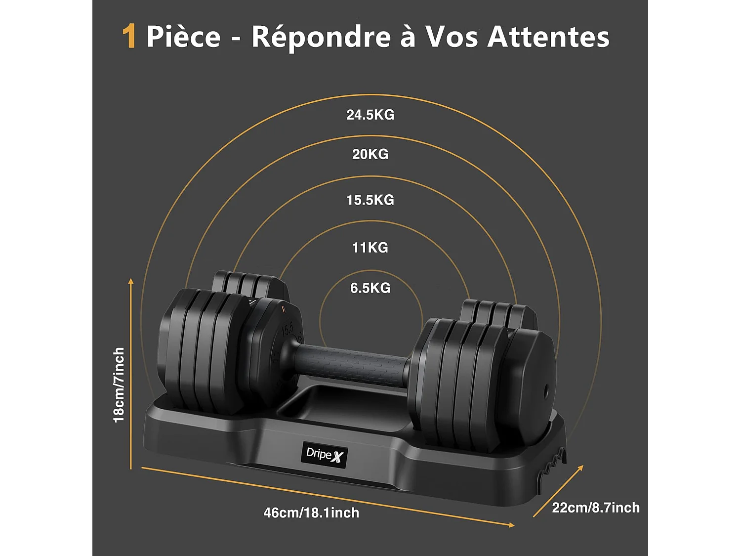 Haltères réglables 2-24,5 kg, 5/10 en 1, avec base de rangement, pour musculation, fitness à domicile et salle de sport