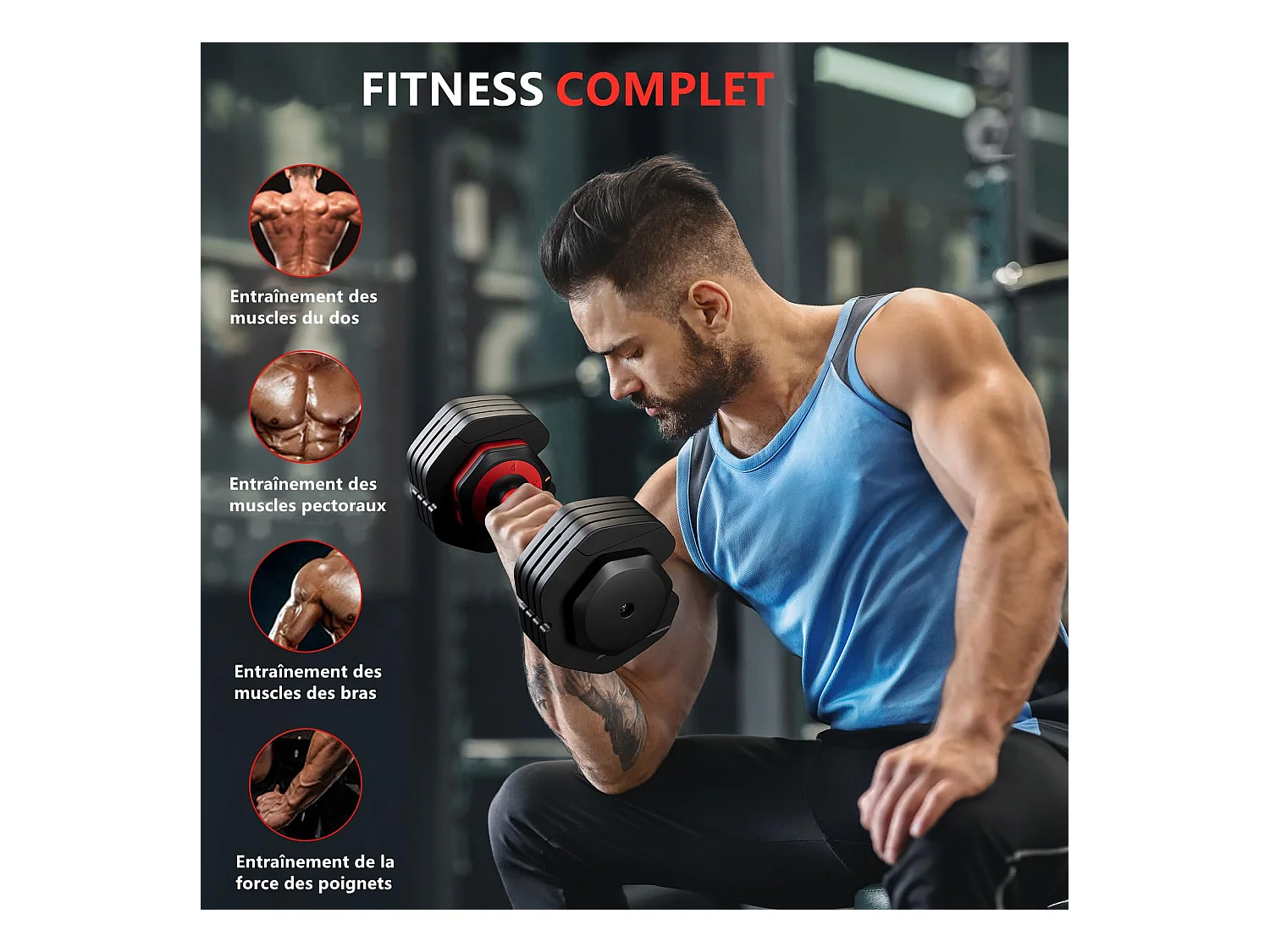 Haltères réglables 2-24,5 kg, 5/10 en 1, avec base, pour musculation, home gym et salle de sport, pratique et compact