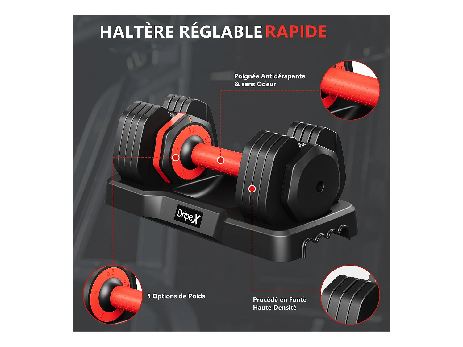 Haltères réglables 2-24,5 kg, 5/10 en 1, avec base, pour musculation, home gym et salle de sport, pratique et compact