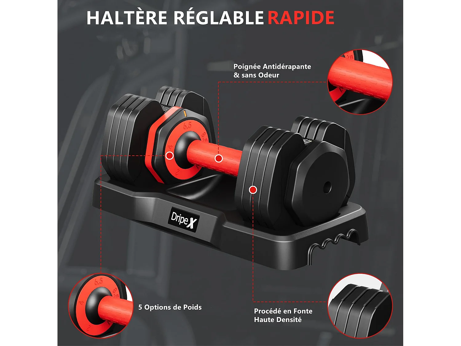 Haltères réglables 2-24,5 kg, 5/10 en 1, avec base, pour musculation, home gym et salle de sport, pratique et compact