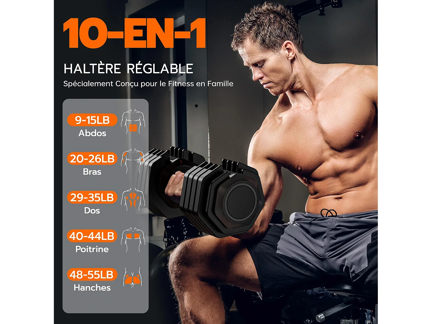 Haltères réglables 2-24,5 kg, 5/10 en 1 avec base de rangement, pour musculation, haltérophilie, entraînement maison et salle de sport