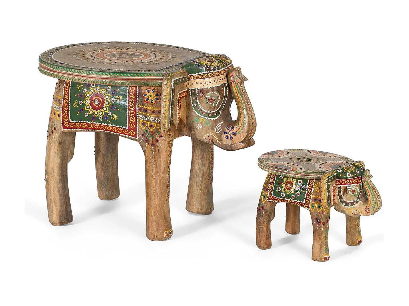 Set aus 2 handgeschnitzten und bemalten Elefantenfiguren aus Mangoholz