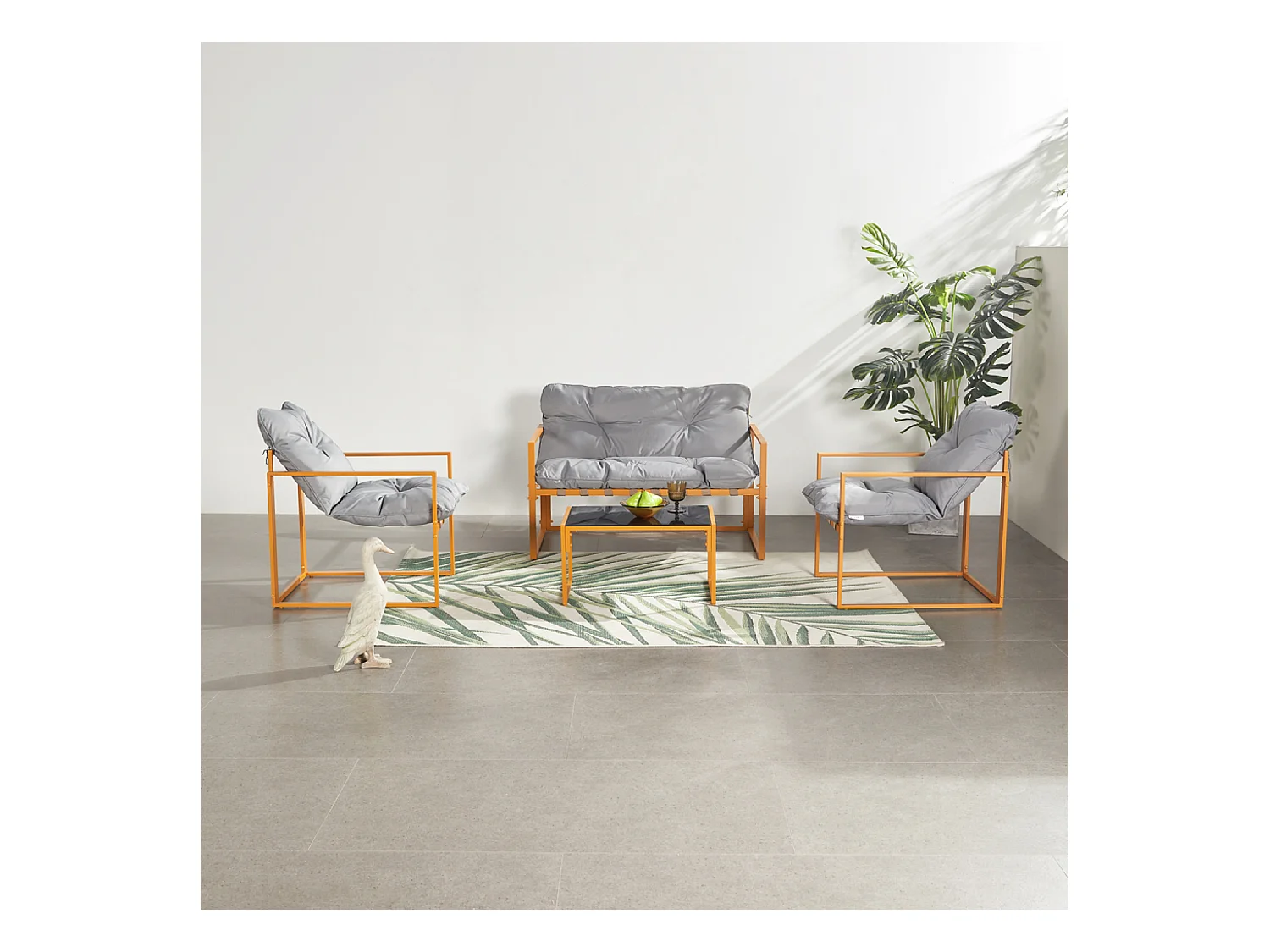 Salon de jardin 4 places contemporain brun et coussins gris RABAT