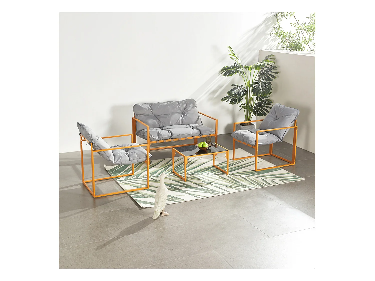 Salon de jardin 4 places contemporain brun et coussins gris RABAT