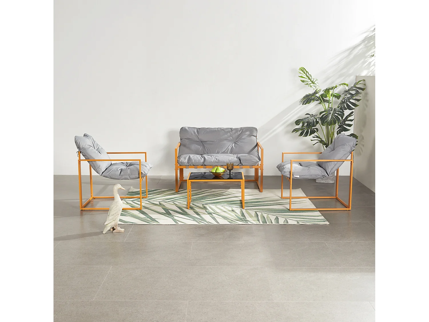 Salon de jardin 4 places contemporain brun et coussins gris RABAT