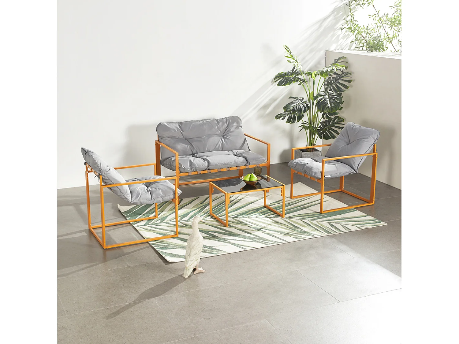 Salon de jardin 4 places contemporain brun et coussins gris RABAT