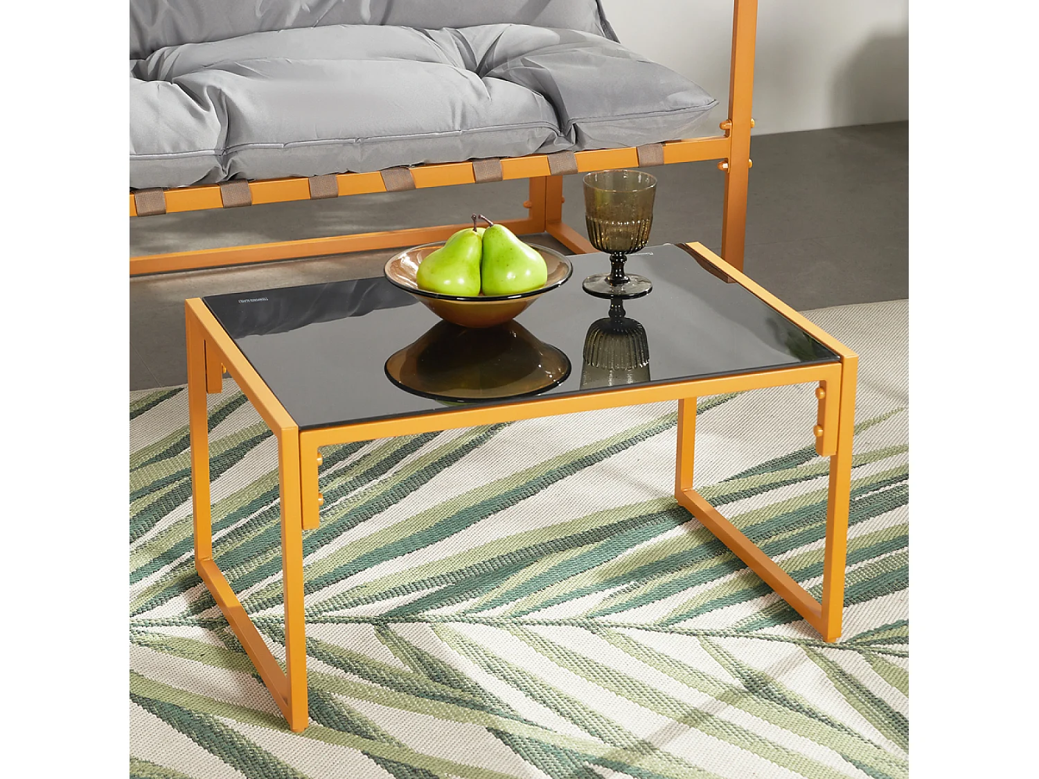 Salon de jardin 4 places contemporain brun et coussins gris RABAT