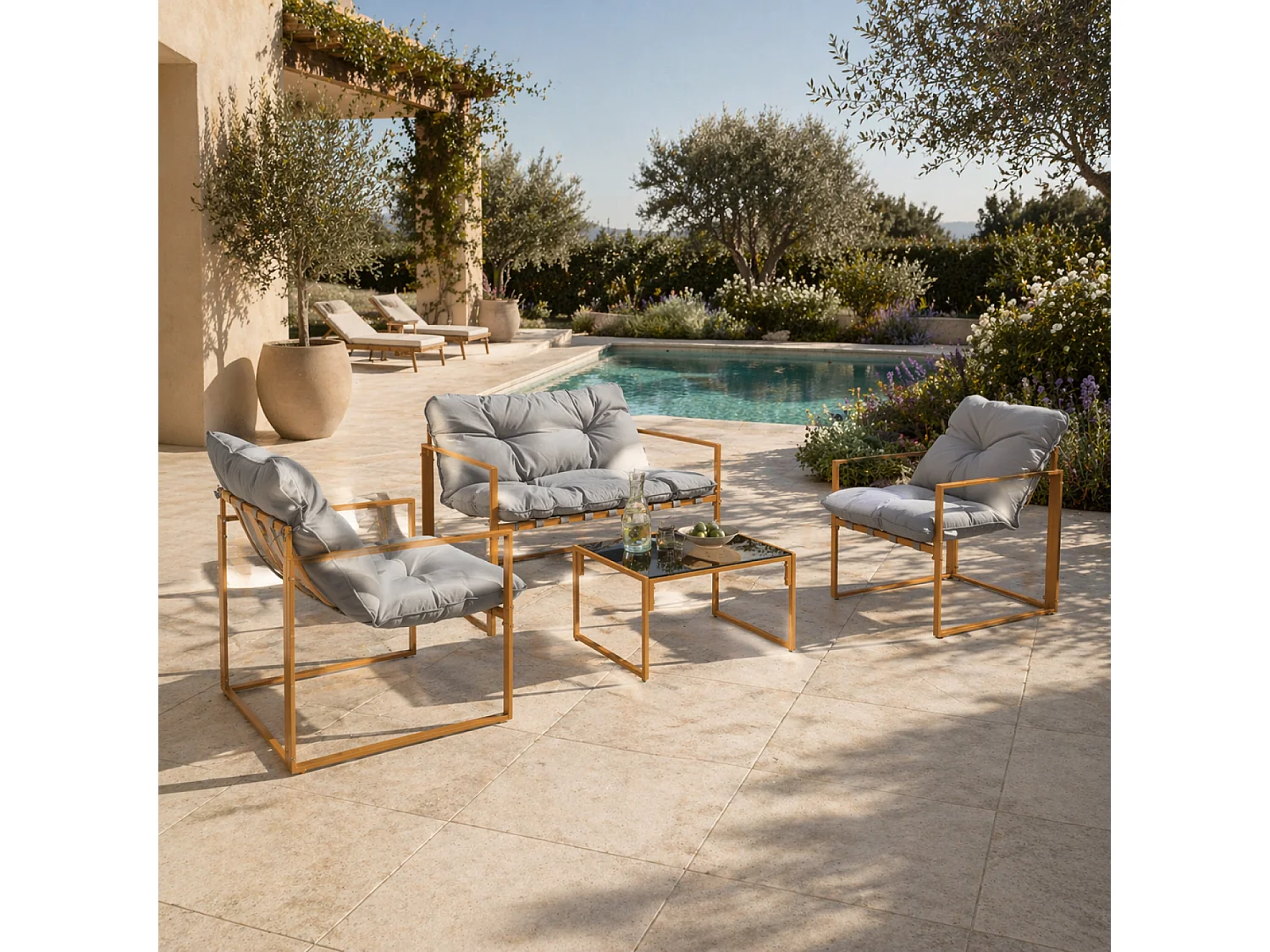 Salon de jardin 4 places contemporain brun et coussins gris RABAT
