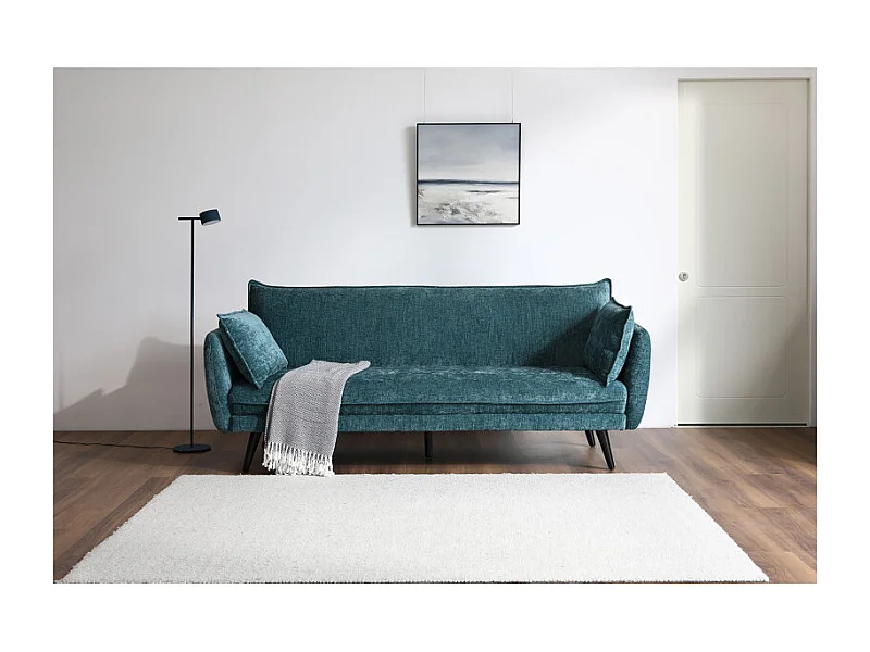 Canapé convertible en tissu doux bleu canard et pieds en bois - HUGUES
