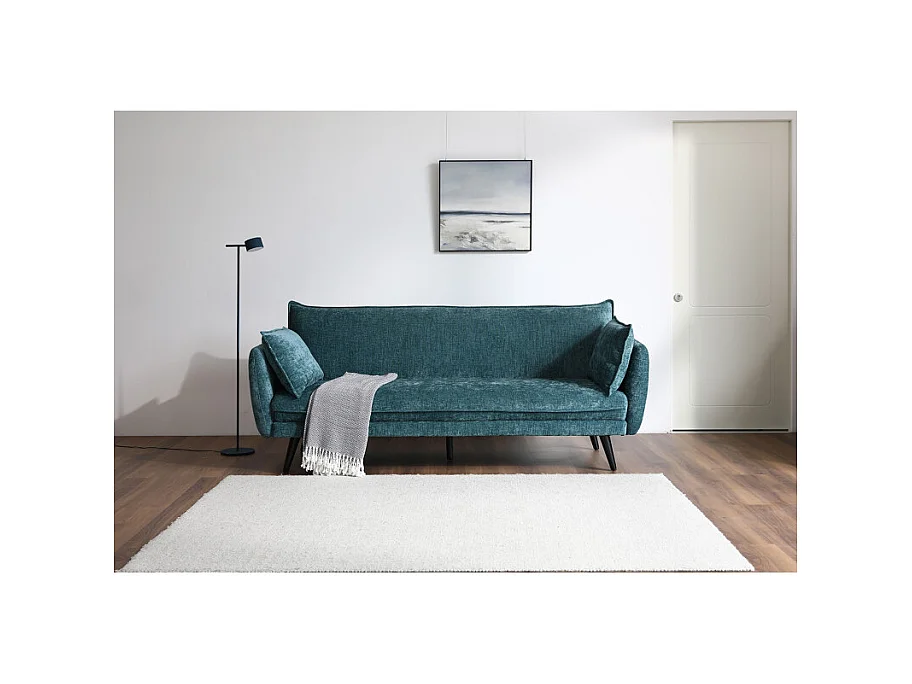 Canapé convertible en tissu doux bleu canard et pieds en bois - HUGUES