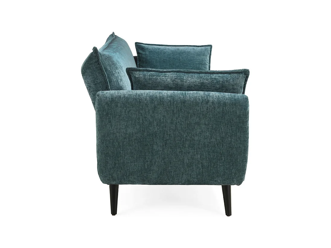 Canapé convertible en tissu doux bleu canard et pieds en bois - HUGUES