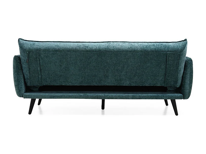 Canapé convertible en tissu doux bleu canard et pieds en bois - HUGUES