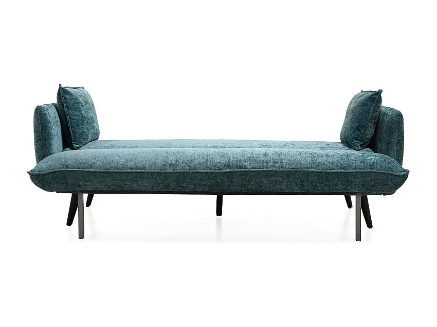 Canapé convertible en tissu doux bleu canard et pieds en bois - HUGUES