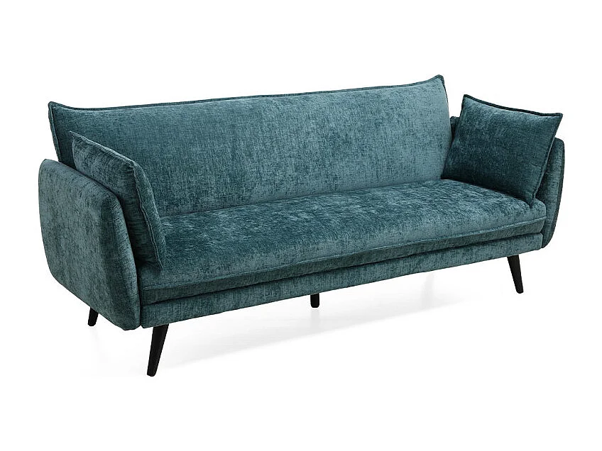 Canapé convertible en tissu doux bleu canard et pieds en bois - HUGUES