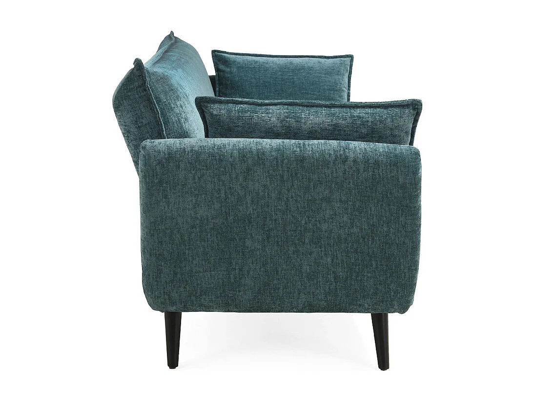 Canapé convertible en tissu doux bleu canard et pieds en bois - HUGUES