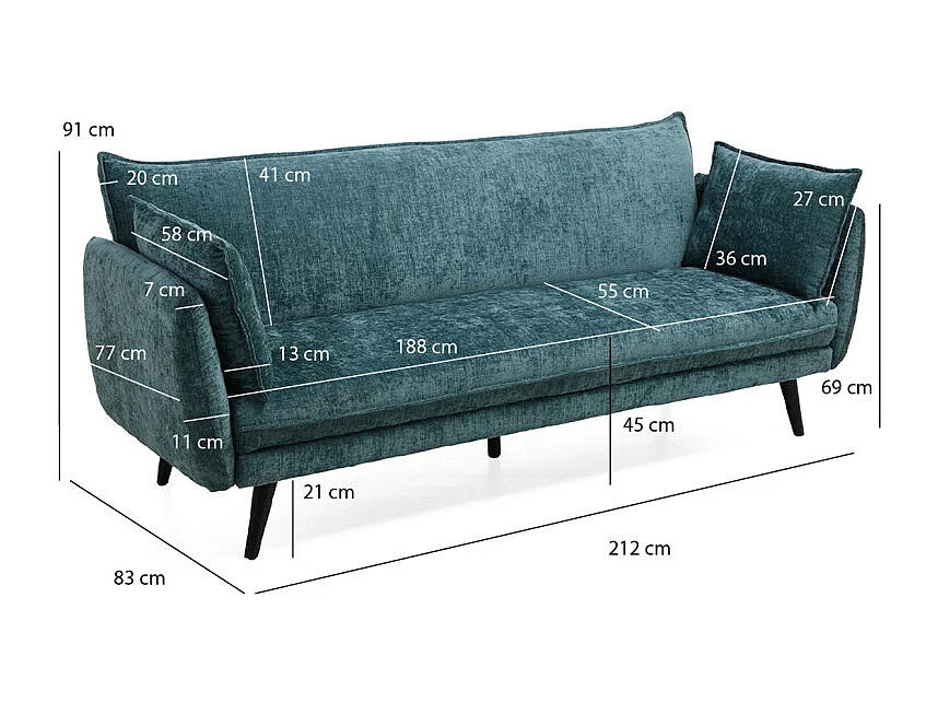 Canapé convertible en tissu doux bleu canard et pieds en bois - HUGUES